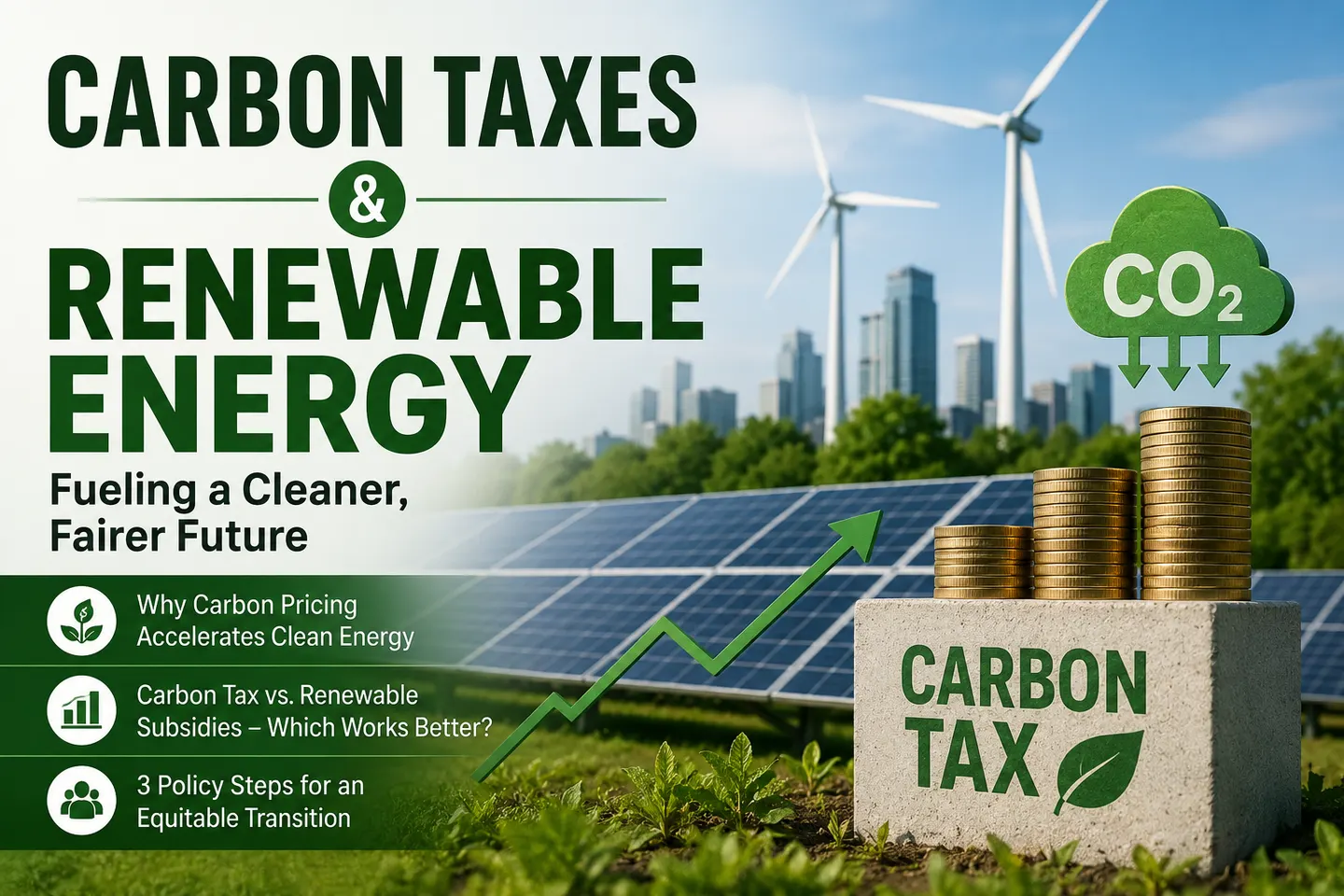 Title card reading "Carbon Taxes & Renewable Energy: Fueling a Cleaner, Fairer Future", over solar panels and wind turbines beside stacks of coins. Three themes are listed: why carbon pricing accelerates clean energy, carbon tax versus renewable subsidies, and three steps to a fair transition.