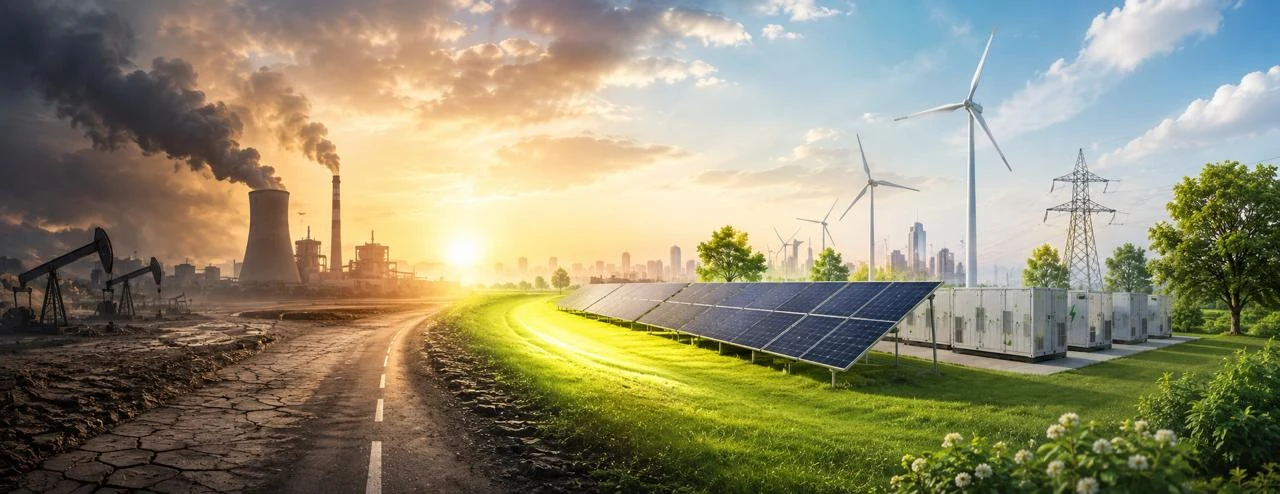 A wide view split down the middle by a road: on the left, cracked dry ground, oil pumps, cooling towers and smoke under a hazy sky; on the right, green grass, a row of solar panels, white battery-storage containers, wind turbines, a transmission tower and a city skyline in clear light.