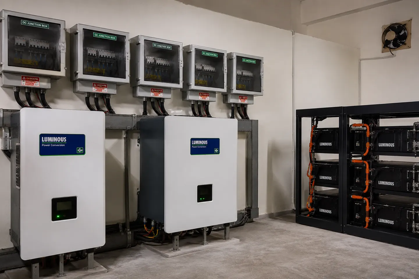 A plant room with two wall-mounted Luminous power conversion units beneath a row of five DC junction boxes, and a rack of Luminous battery modules standing alongside them.