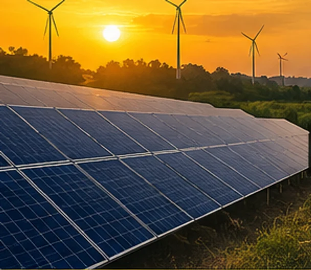 Illustration: a ground-mounted solar array at sunrise with wind turbines on the ridge behind it.