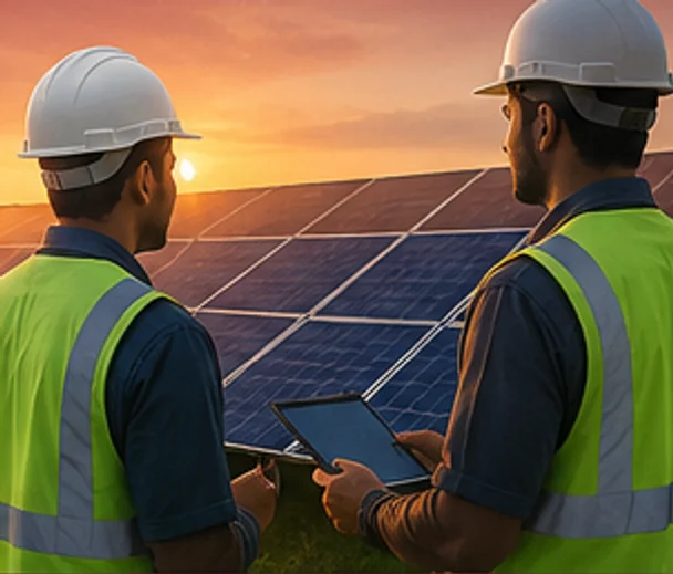 Illustration: two workers in hard hats and high-visibility vests reviewing a tablet beside a solar array.