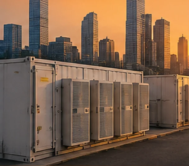 Illustration: a row of battery storage containers in front of a city skyline at dusk.