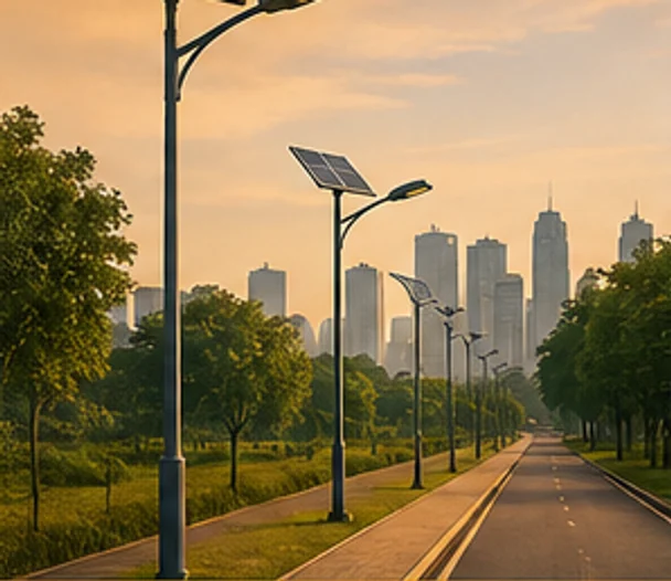Illustration: a tree-lined avenue lit by solar street lights, with a city skyline beyond.