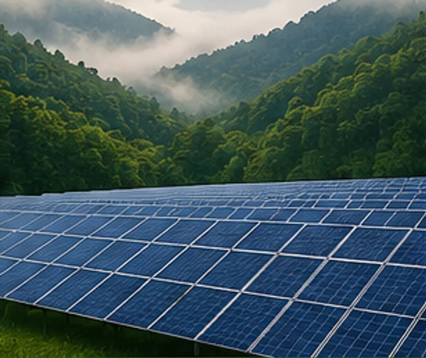 Illustration: a solar array below forested hills under low morning mist.